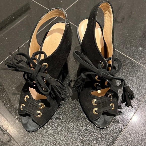 Club Monaco Shoes - Show stopping black suede heels with tassels! WOW!
